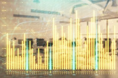 Arka planda ticaret masası banka Ofisi İç ile stok ve tahvil piyasa grafiği. Çok pozlama. Finansal analiz konsepti