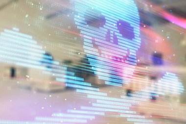 Arka planda ofis iç ile Hacking Tema hologram. Çift pozlama. Siber korsanlık kavramı