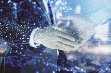 İki işadamı el sıkışması ile Cityscape arka planda çizim soyut teknoloji çift pozlama. İş içinde teknoloji rolü kavramı