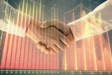 İki işadamı el sıkışması ile soyut arka planda Forex grafik Multi pozlama. Hisse senedi piyasasında başarı kavramı