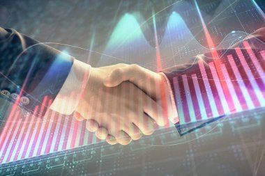 İki işadamı el sıkışması ile soyut arka planda Forex grafik Multi pozlama. Hisse senedi piyasasında başarı kavramı