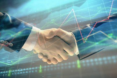 İki işadamı el sıkışması ile soyut arka planda Forex grafik Multi pozlama. Hisse senedi piyasasında başarı kavramı