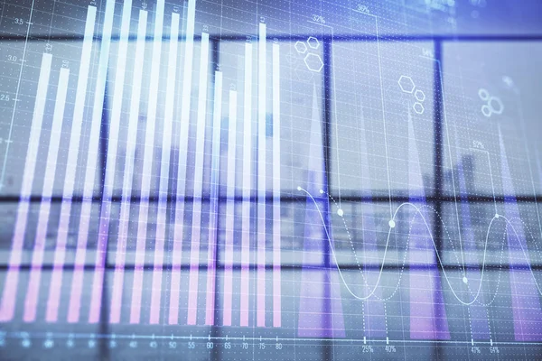 Dubbel exponering av finansiella diagram på tomt rum interiör bakgrund. Forex marknadsbegrepp. — Stockfoto