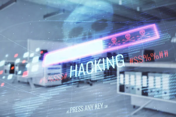 Hacking theme hologram with office interior on background. Double exposure. Concept of cyber piracy