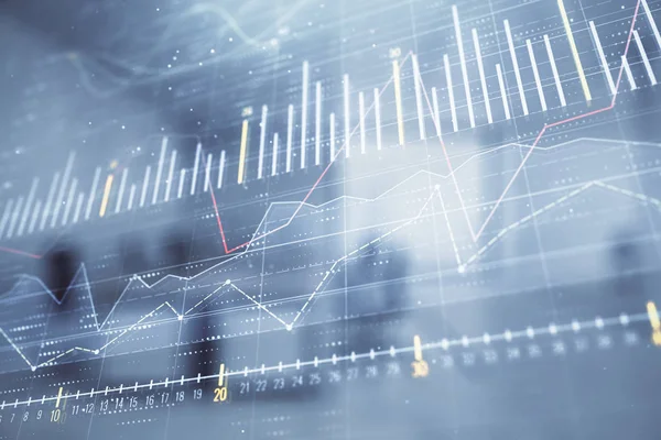 Ticaret masası banka ofisi iç arka planda stok piyasa şeması. Çift pozlama. Finansal analiz konsepti