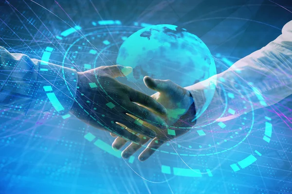 İki işadamı el sıkışması ile soyut arka plan üzerinde Dünya Haritası Multi pozlama. Uluslararası iş konsepti