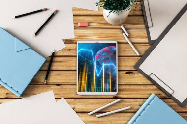 Dijital tablet çekim üst görünümü ile mali grafik ve kısmi Dünya Haritası ekranda. Online uluslararası ticaret uygulama kavramı. 3B işleme.