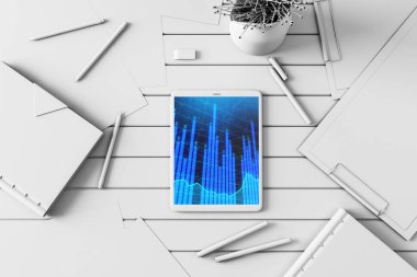 Dijital tablet ekranda mali grafik ile üst görünüm çekim. Online işlem uygulama konsepti. 3B işleme.