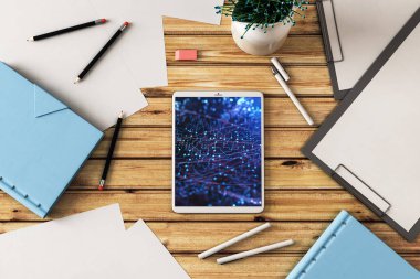 Ekran üzerinde teknoloji pic ile dijital tablet çekim üst görünümü. Online teknoloji konsepti. 3B işleme.