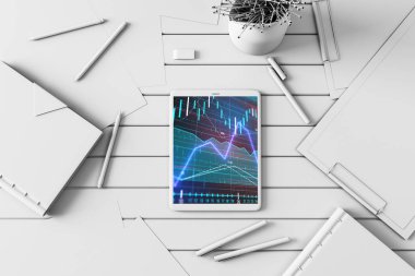 Dijital tablet ekranda mali grafik ile üst görünüm çekim. Online işlem uygulama konsepti. 3B işleme.