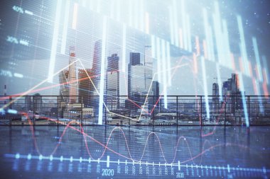 Çatı arka planda şehir görünümü ile Forex grafik hologram. Çift pozlama. Hisse senedi piyasası konsepti.
