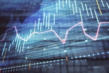 Soyut arka plan ile finansal grafik hologram. Çift pozlama. Piyasa Analizi konsepti