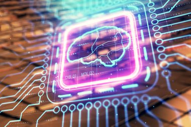 Soyut arka planlı beyin çizim hologramı. Çoklu pozlama. Veri teknolojisi kavramı.