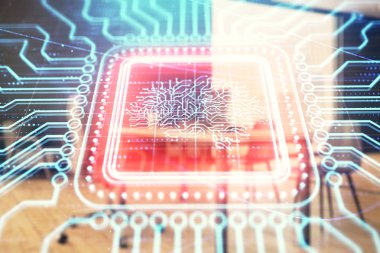 Minimalist dolap arka plan ile beyin işareti hologram. Çift pozlama. Ai kavramı.