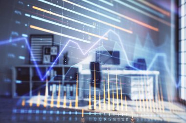 Minimalist kabine iç arka plan ile Forex grafik hologram. Çift pozlama. Hisse senedi piyasası konsepti.