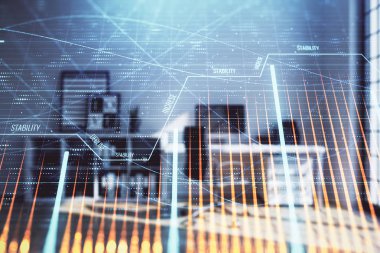 Minimalist kabine iç arka plan ile Forex grafik hologram. Çift pozlama. Hisse senedi piyasası konsepti.