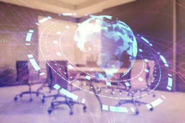 Konferans odası arka planda dünya hologram çift pozlama. Uluslararası iş konsepti