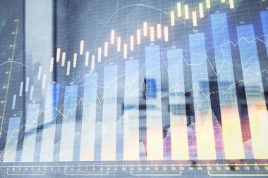 Ticaret masası banka ofisi iç arka planda stok piyasa şeması. Çift pozlama. Finansal analiz konsepti