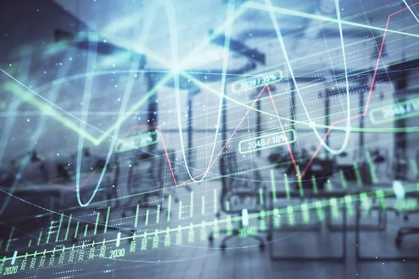 Stock och Bond Market Graph med Trading Desk bankkontor interiör på bakgrunden. Multiexponering. Begreppet finansiell analys — Stockfoto