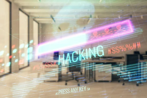 Hacking theme hologram with office interior on background. Double exposure. Concept of cyber piracy