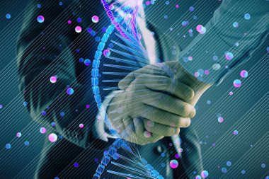 İki erkek el sıkışması ile soyut arka planda DNA hologram Multi pozlama. Biyomühendislik kavramı