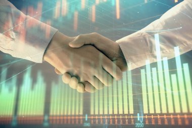 İki işadamı el sıkışması ile soyut arka planda Forex grafik Multi pozlama. Hisse senedi piyasasında başarı kavramı
