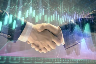 İki işadamı el sıkışması ile soyut arka planda Forex grafik Multi pozlama. Hisse senedi piyasasında başarı kavramı