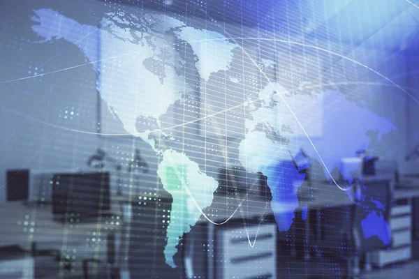 World map with trading desk bank office interior on background. Multi exposure. Concept of international finance