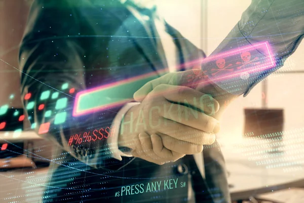 Double exposure of hacking theme hologram on office background with two men handshake. Concept of data security