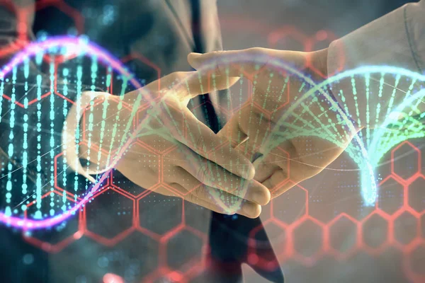 Exposition multiple d'hologramme d'ADN sur fond abstrait avec poignée de main de deux hommes. Concept de bio-ingénierie — Photo
