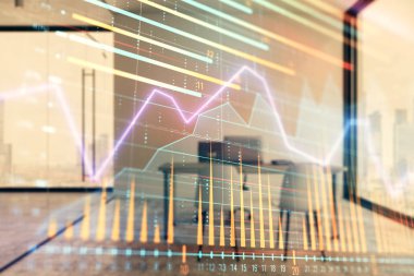 Minimalist kabine iç arka plan ile Forex grafik hologram. Çift pozlama. Hisse senedi piyasası konsepti.