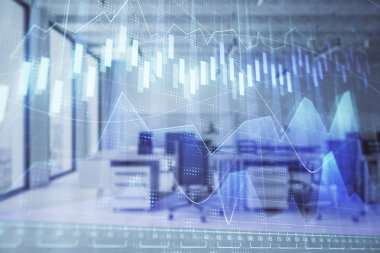 Arka planda ticaret masası banka Ofisi İç ile stok ve tahvil piyasa grafiği. Çok pozlama. Finansal analiz konsepti