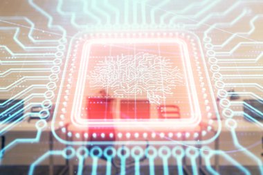 Arka planda ofis iç ile insan beyni çizim. Çift pozlama. Yenilik konsepti.