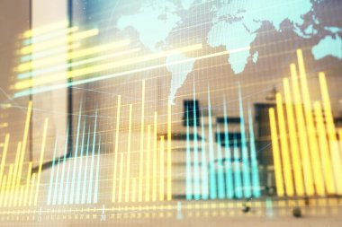 Stok ve tahvil piyasa grafik ve arka planda ticaret masası banka Ofisi İç ile dünya haritası. Çok pozlama. Uluslararası Finans konsepti