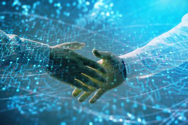 İki erkek el sıkışma ile soyut arka plan üzerinde teknoloji çizim çift pozlama. Modern iş dünyasında teknoloji kavramı