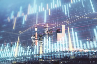 Moskova şehir merkezi arka planda mali grafik çift pozlama. Hisse senedi piyasası analizi konsepti
