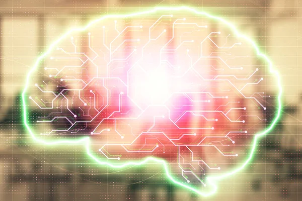 Рисунок мозга человека с офисным интерьером на заднем плане. Двойное воздействие. Концепция инноваций . — стоковое фото