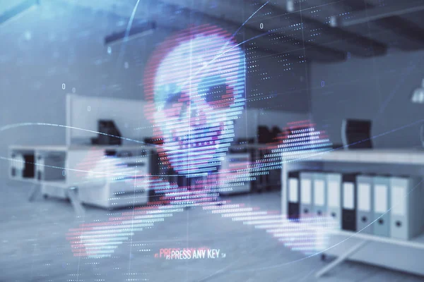 Hacking tema hologram dengan interior kantor di latar belakang. Ganda paparan. Konsep pembajakan cyber — Stok Foto