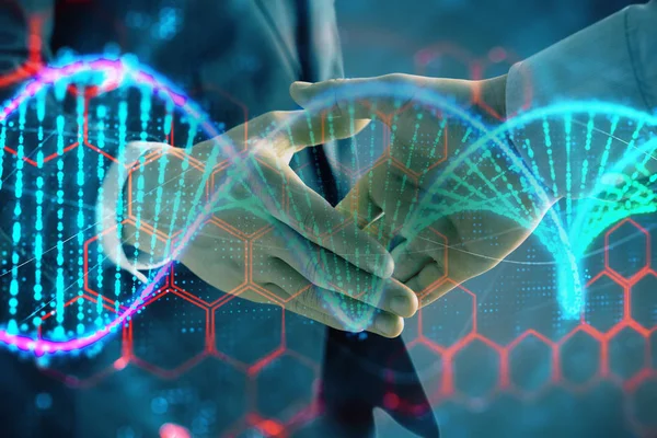 Multi exposición del holograma de ADN en el fondo abstracto con dos hombres apretón de manos. Concepto de bioingeniería —  Fotos de Stock