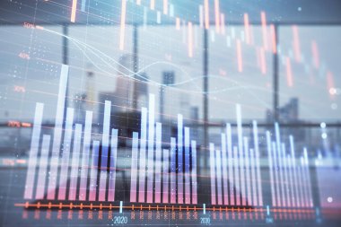 Minimalist kabine iç arka plan ile iş teması grafik hologram. Çift pozlama. Hisse senedi piyasası konsepti.