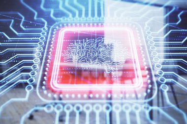 Minimalist dolap arka plan ile beyin işareti hologram. Çift pozlama. Ai kavramı.