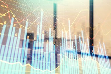 Minimalist kabine iç arka plan ile Forex grafik hologram. Çift pozlama. Hisse senedi piyasası konsepti.