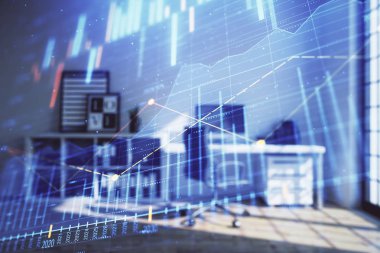 Minimalist kabine iç arka plan ile Forex grafik hologram. Çift pozlama. Hisse senedi piyasası konsepti.