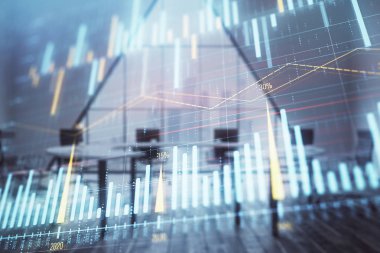 Konferans odası arka planda Forex çizelgesine çift pozlama. Hisse senedi piyasası analizi konsepti