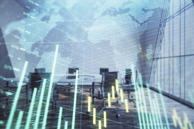 Konferans odası arka planda dünya hologram ile hisse senedi piyasası grafik çift pozlama. Uluslararası Finans konsepti