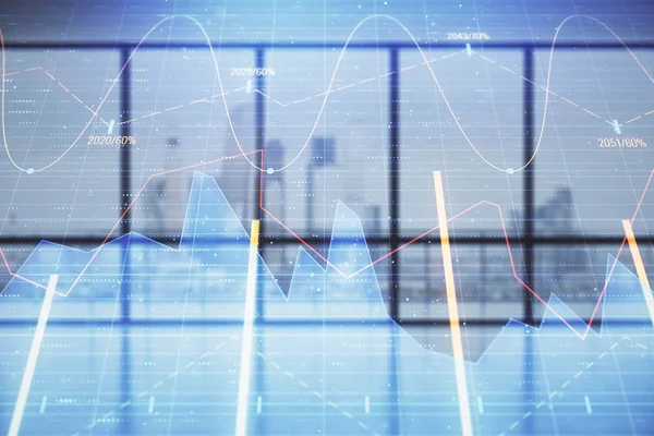 Dubbel exponering av finansiella diagram på tomt rum interiör bakgrund. Forex marknadsbegrepp. — Stockfoto