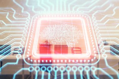 Arka planda ofis iç ile insan beyni çizim. Çift pozlama. Yenilik konsepti.