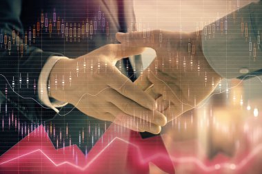 İki işadamı el sıkışması ile Cityscape arka planda mali grafik çift pozlama. Hisse senedi piyasası anlaşması kavramı