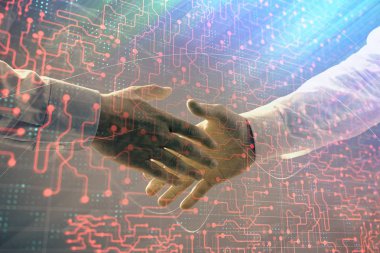 İki erkek el sıkışma ile soyut arka plan üzerinde teknoloji çizim çift pozlama. Modern iş dünyasında teknoloji kavramı