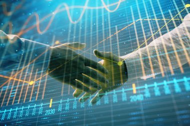 İki işadamı el sıkışması ile soyut arka planda Forex grafik Multi pozlama. Hisse senedi piyasasında başarı kavramı